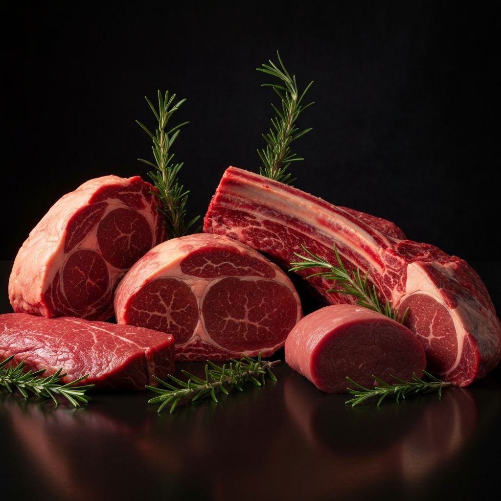 Cortes de carne premium sobre superficie oscura